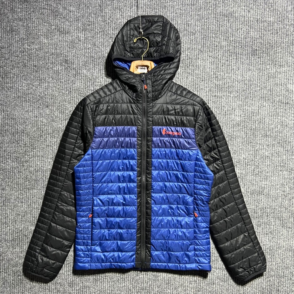 Cotopaxi Capa Jacket Mens Small Blue Black Hooded Insulated Lightweight Gorpcore